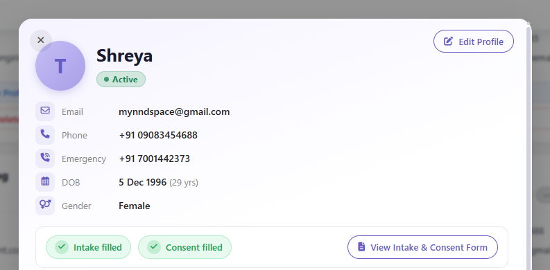 Emergency contact displayed on the client profile