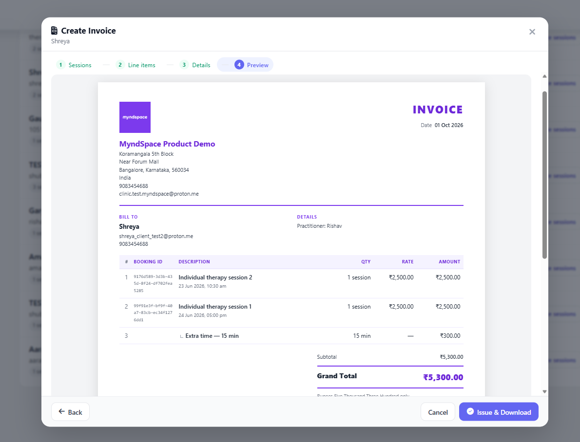 Professional invoice generated by MyndSpace