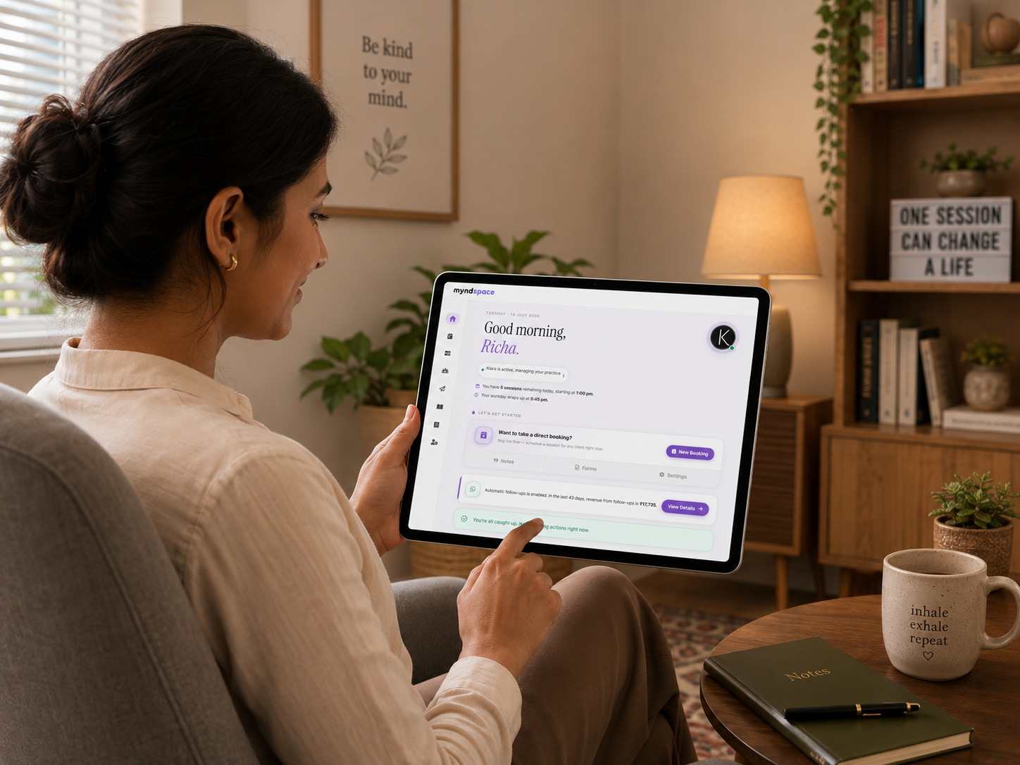 An Indian therapist managing bookings and WhatsApp follow-ups from a single dashboard
